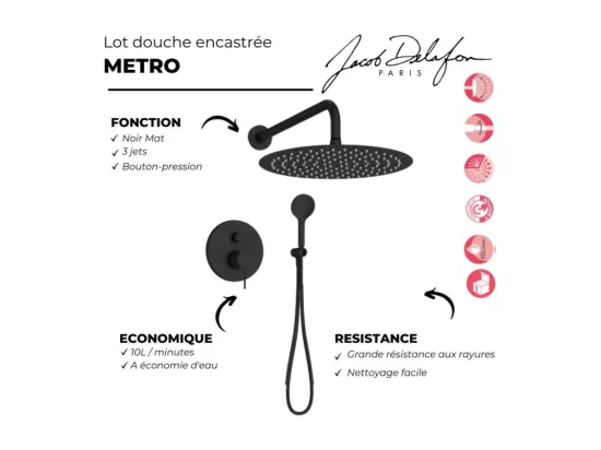 Robinet douche encastré mécanique JACOB DELAFON Metro noir mat