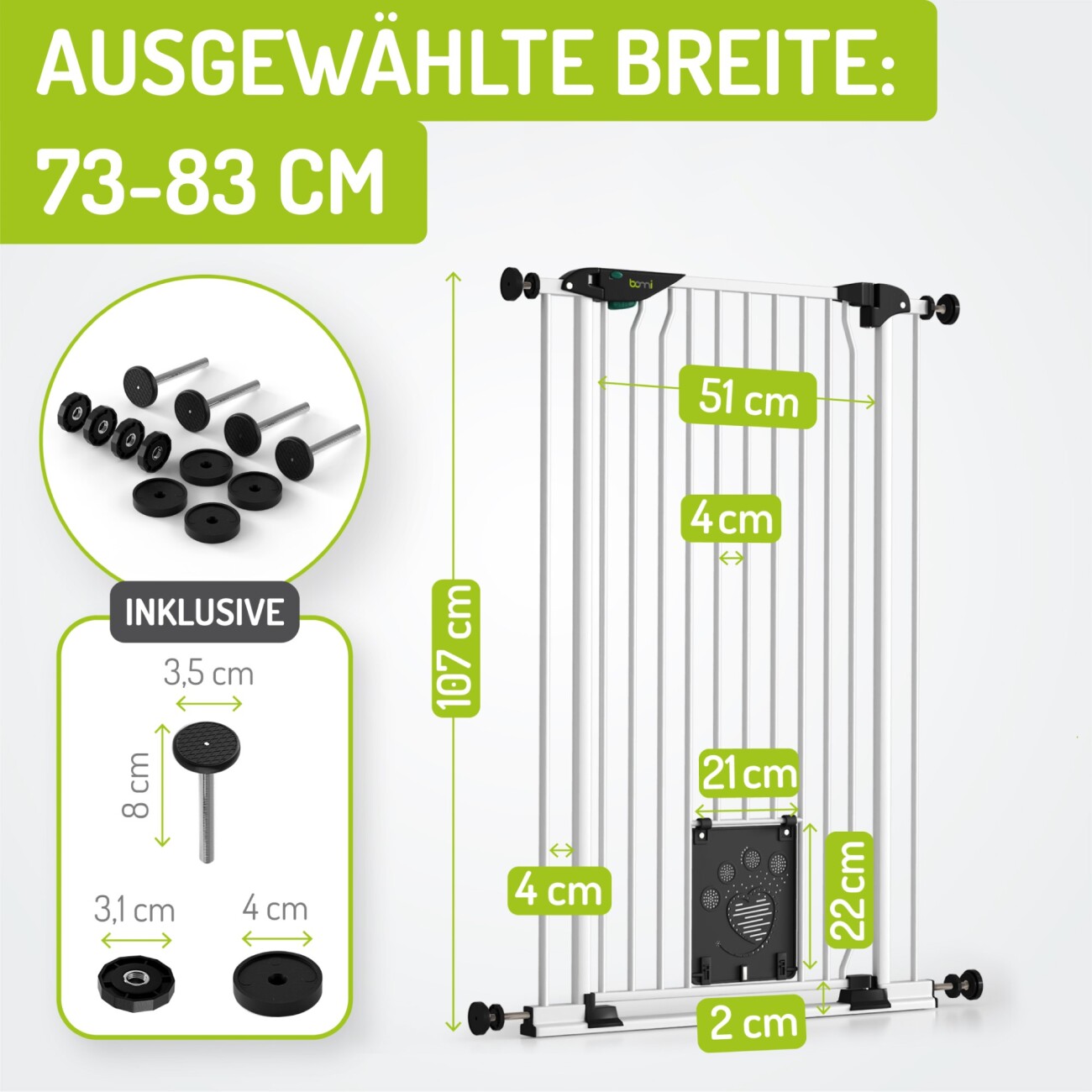 bomi Tierschutzgitter mit Katzenklappe Extrahoch 107 cm - Mira 73-143 cm in Weiß für Hunde & Katzen XS