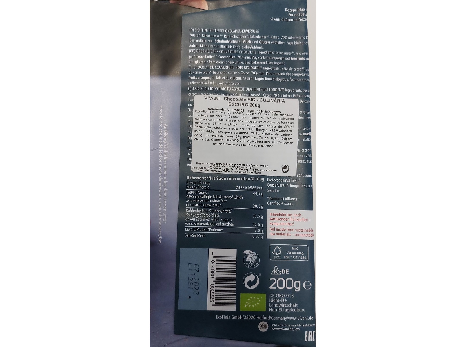 CHOCOLATE ESCURO VIVANI CULINÁRIA 200G