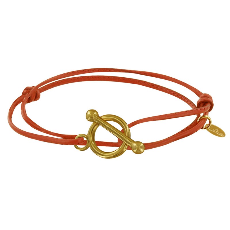 Bracelet Double Tour Plaqué Or Fermoir T et Lien en Cuir Coulissant - Orange