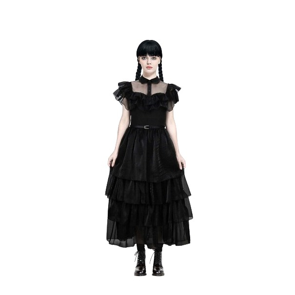 (130-150cm) Fasnachts Kinder Kostüm Wednesday Addams Kleid Verkleidung für Motto Partys / Halloween inkl. Leder Gürtel - Schwarz