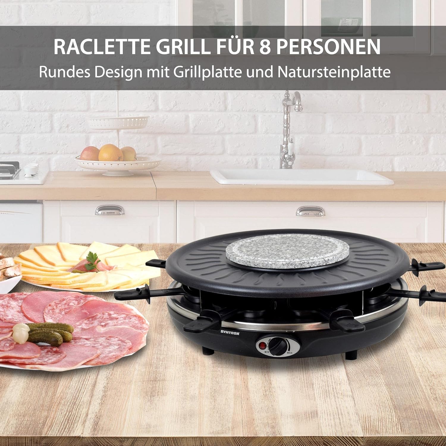 Syntrox Germany RAC-1350W-Waadt 4 in 1 Raclette Grill Fondue Heißer Stein für 8 Personen, Edelstahl Design