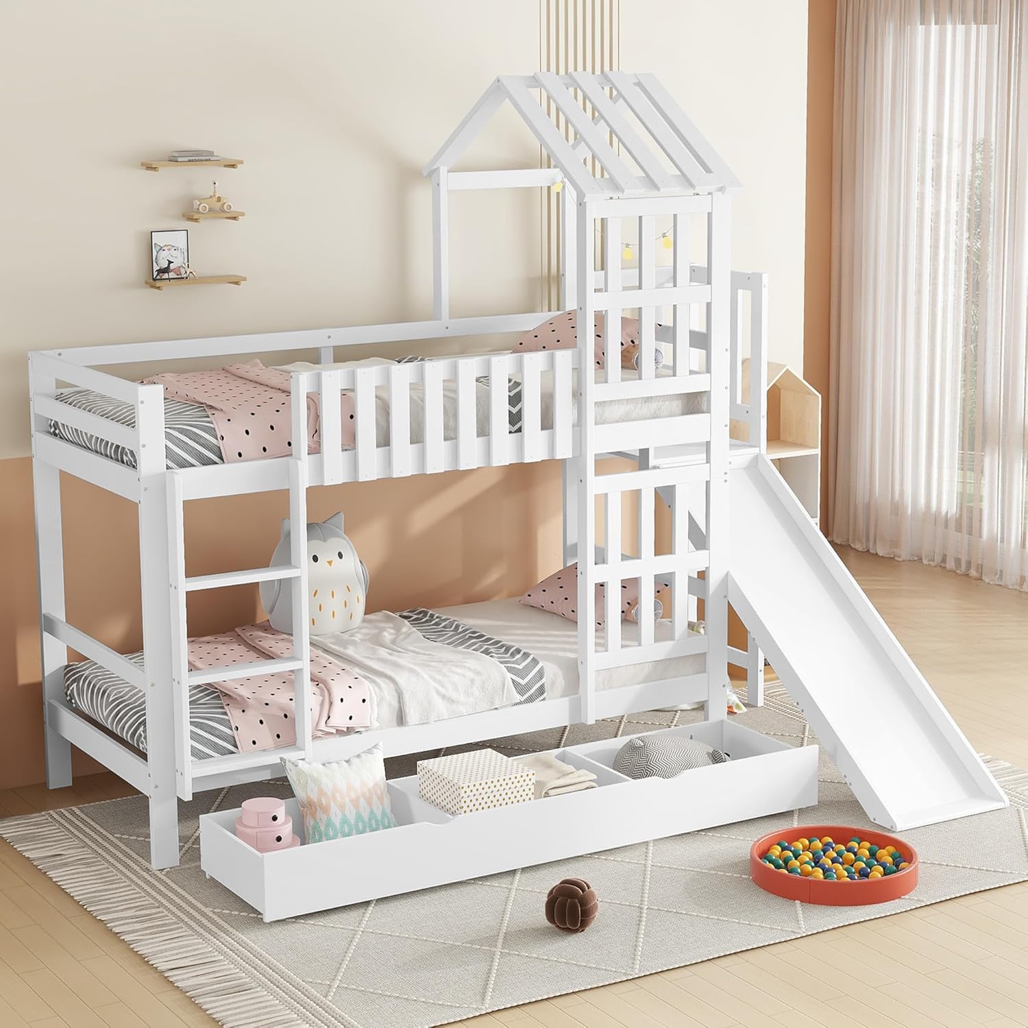 ZYLOYAL10 Etagenbett, Kinderbett, Große Schublade Mit Rollen, Spaßrutsche für Kinder, Exquisites Dach und Fenster, Kiefer + MDF + Sperrholz, 90x200cm (Weiß)