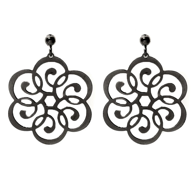 Boucles D'oreilles Argent Motif Fleur D'autrefois Lisse Noir