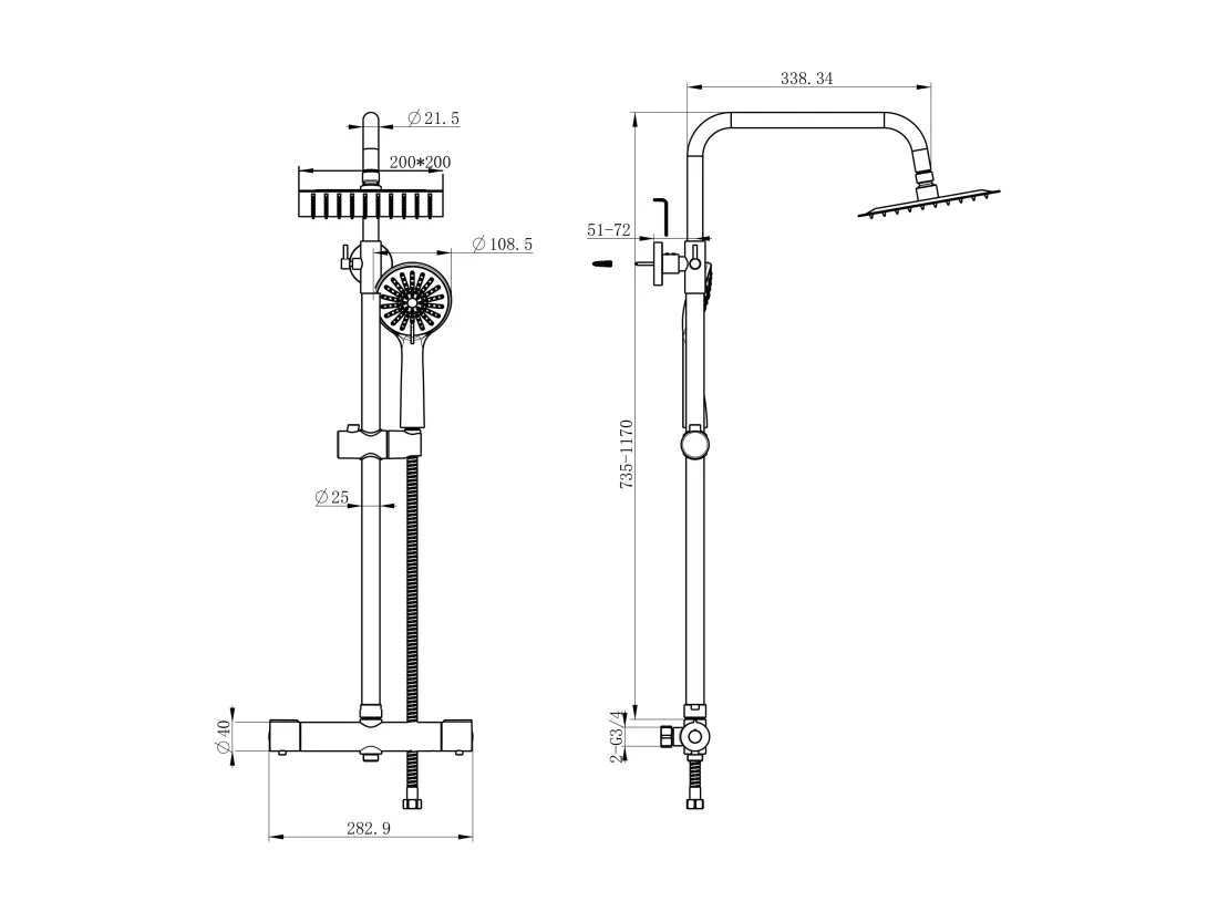 AICA colonne de douche thermostatique en laiton, douche de tête carrée, 3 jets