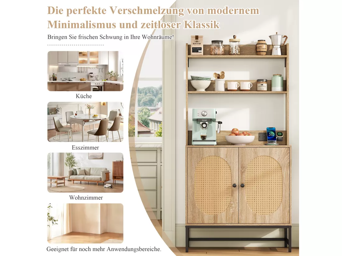 Buffet moderne avec 2 portes en rotin, étagères et prise USB - 80 x 40 x 160.5 cm - Bois MDF - Naturel