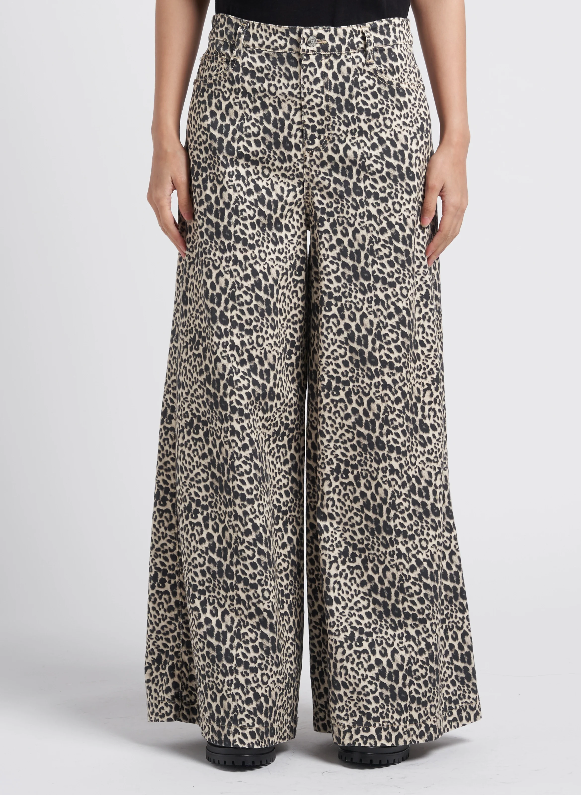 Pantalon palazzo taille haute en coton mélangé imprimé | Noir