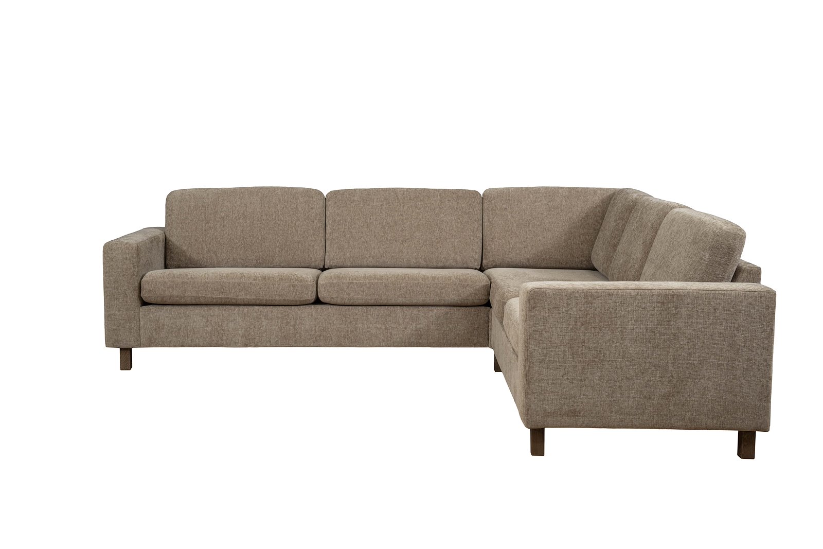 Ellinor hjørnesofa Oppsett F. 3-seter, hjørne 2,5-seter. Tekstil Paloma 1/24 Brown Grey. Arm 1, Duo puter, Firkantet ben 12 cm Mocca. Vendbar