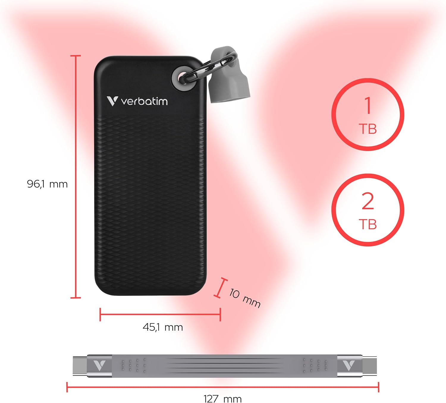 (2TB) Pocket SSD Externe SDD Festplatte USB C 3.2   Schlüsselanhänger mit Kabelbefestigung 10 Gbit/s (32194) - Schwarz / Grau