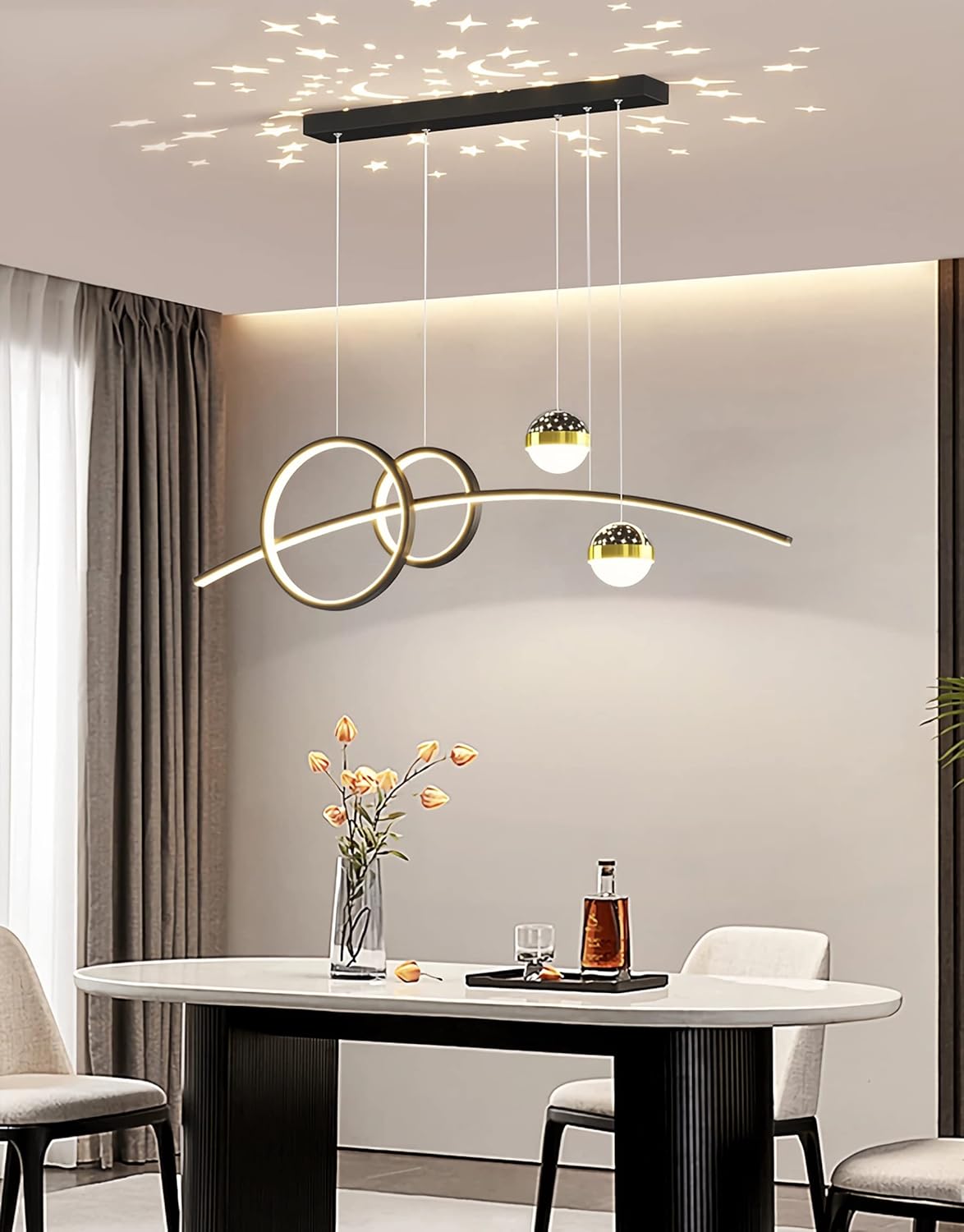 Pendelleuchte Esstisch, LED Hängeleuchte esstisch Pendelleuchte dimmbar mit Fernbedienung pendellampe höhenverstellbar Kronleuchter Lampe für Wohnzimmer Esszimmer Küche Büro (Schwarz, L80cm)
