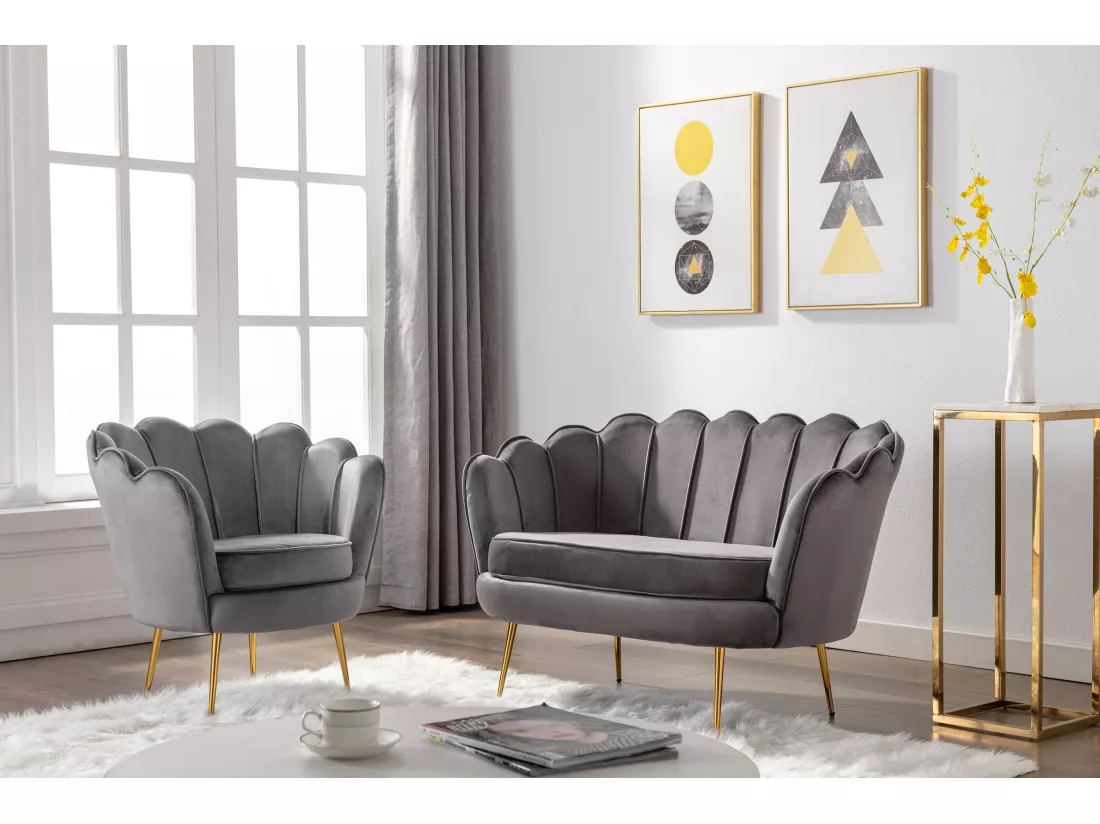 Canapé 2 places et fauteuil coquillage en velours anthracite DANDELION de Pascal Morabito
