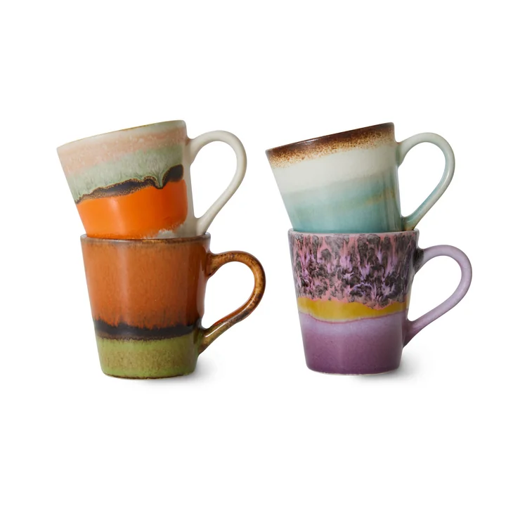 HKliving - 70's Espresso Tassen mit Henkel, 80 ml, retro (4er-Set)