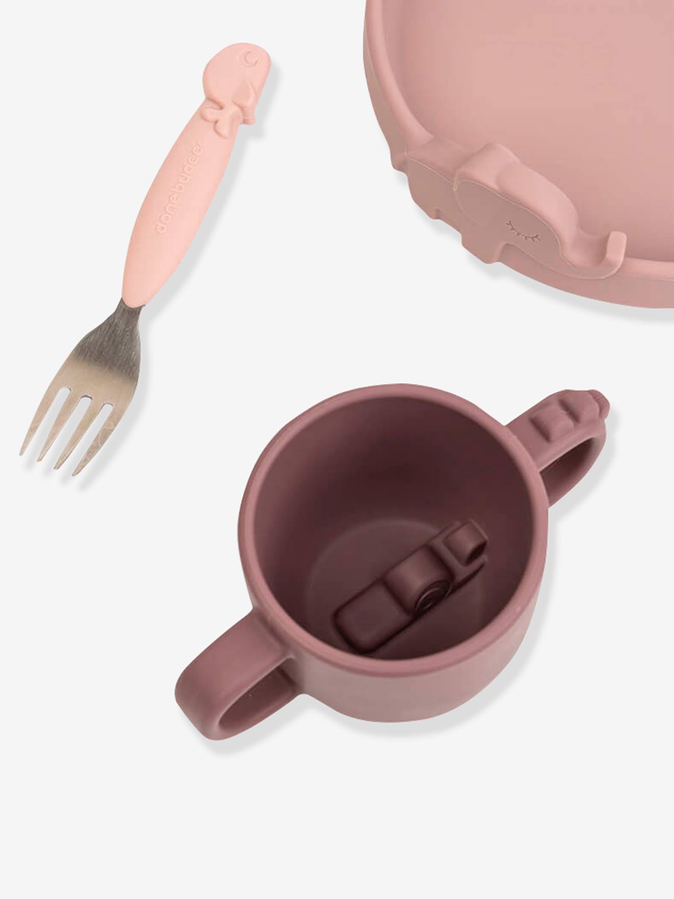 FEITO POR UM VEADO Estojo para alimentos Peekaboo Deer Friends com 3 itens, feito de silicone rosa claro liso com motivos.