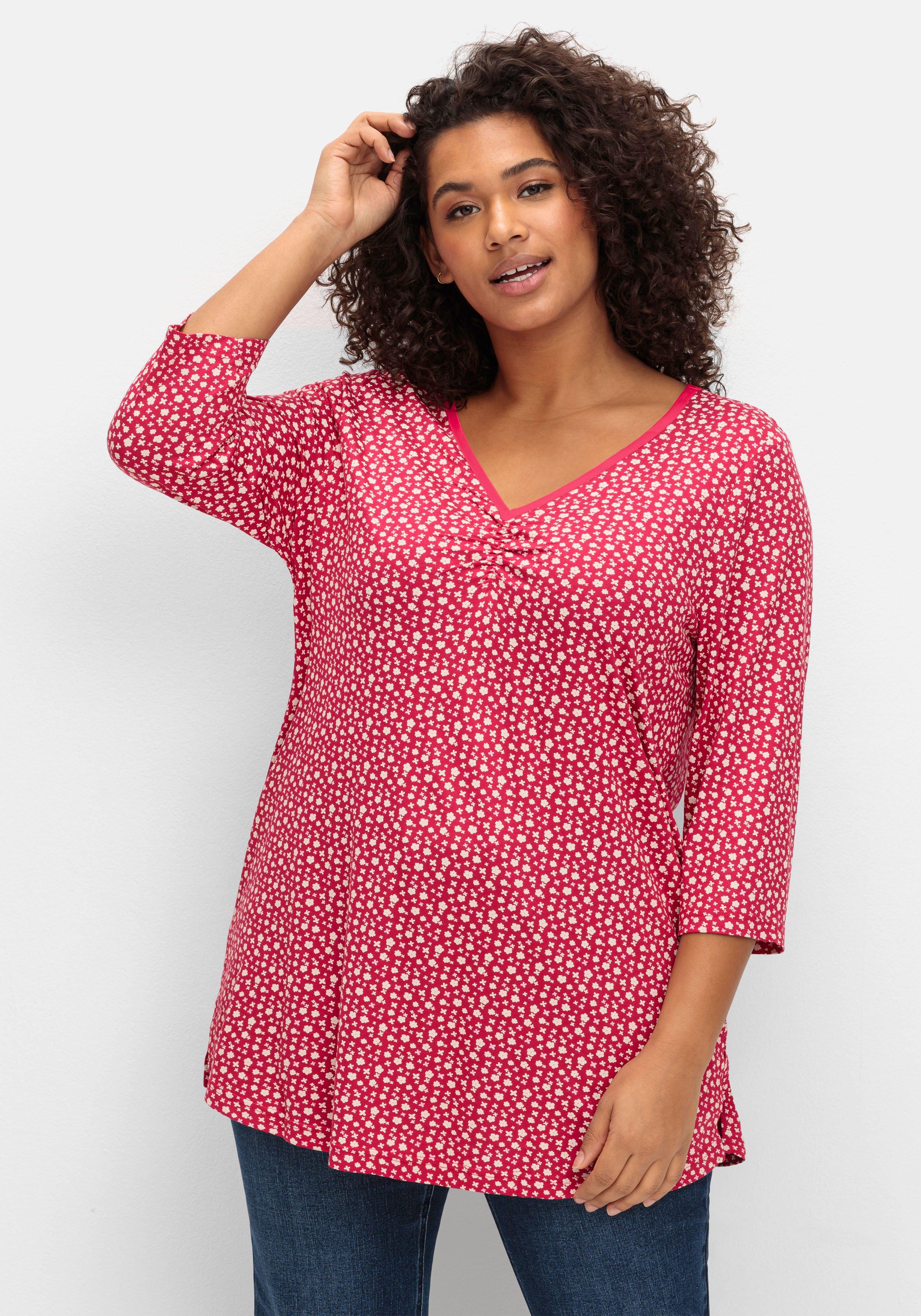 3/4-Arm-Shirt mit Blumendruck und V-Ausschnitt
