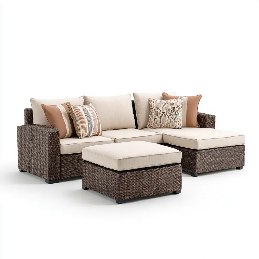 Polyrattan Garten Ecksofa Set mit Hocker Braun/Beige