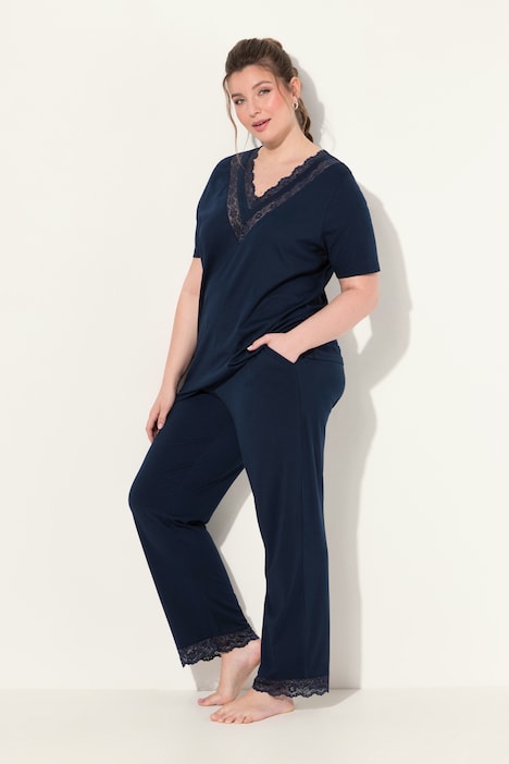 Pyjama, Spitze, V-Ausschnitt, Halbarm, Taschen