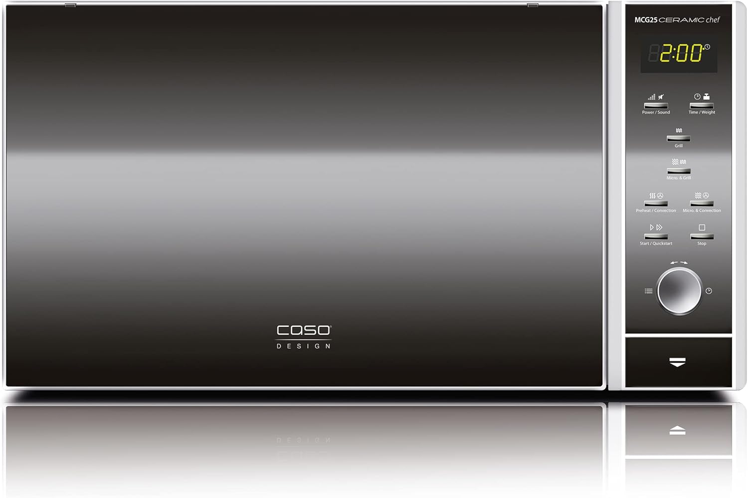 CASO | MCG25 Ceramic chef 3in1 Mikrowelle mit Grill und Heißluft 2050W |Borosilikatglasboden, Grill-Rost für 2 Ebenen, 110-200°C, 25 L, Edelstahl verspiegelt, Silber