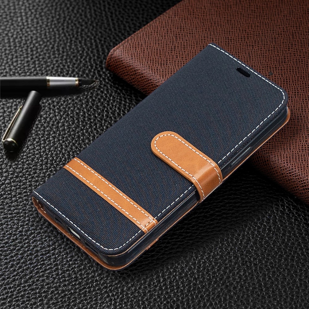 iPhone 12 / iPhone 12 Pro Stoff Tasche im Jeans Look mit Kartenfach   Magnetverschluss - Schwarz / Braun