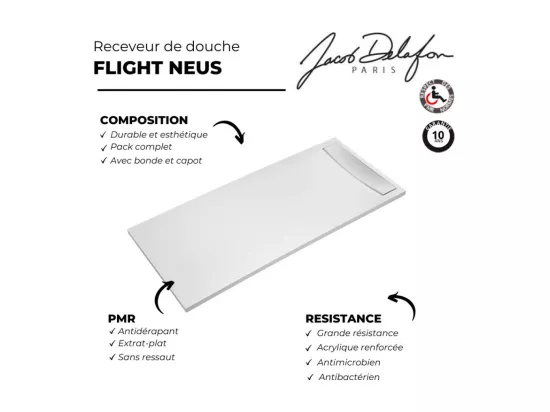 Receveur de douche antidérapant 170 x 80 JACOB DELAFON Flight Neus acrylique rectangle blanc + bonde + capot
