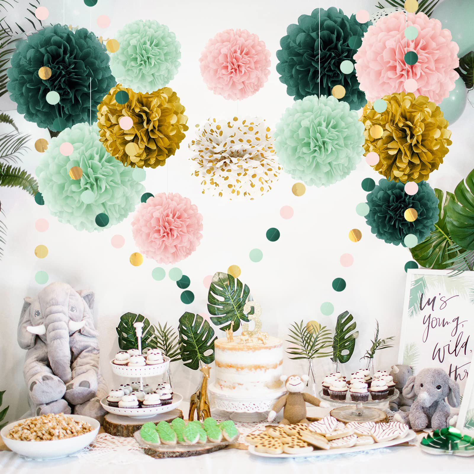 (15-tlg. Set) Papier Pompon's Deko Kreis Girlande Party / Geburtstag / Hochzeit - Grün / Rosa / Gold