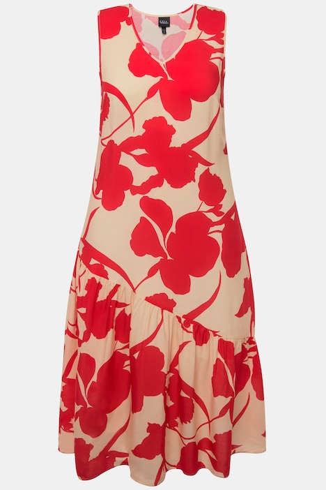 Midikleid, Blüten, A-Linie, V-Ausschnitt, ärmellos