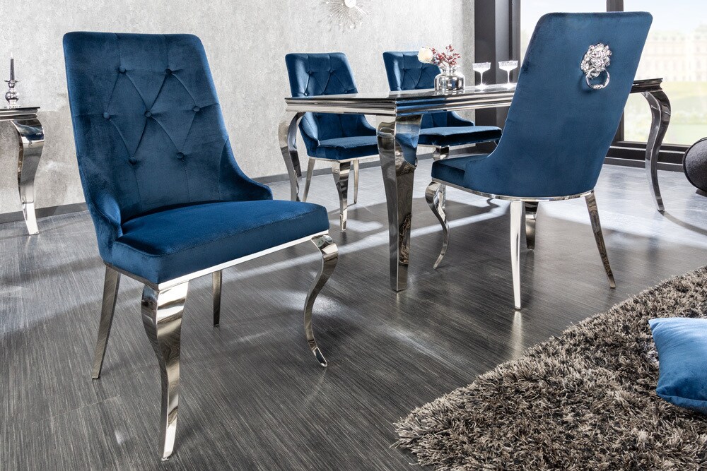 riess-ambiente Stuhl MODERN BAROCK - royalblau Samt mit silbernem Löwenkopf
