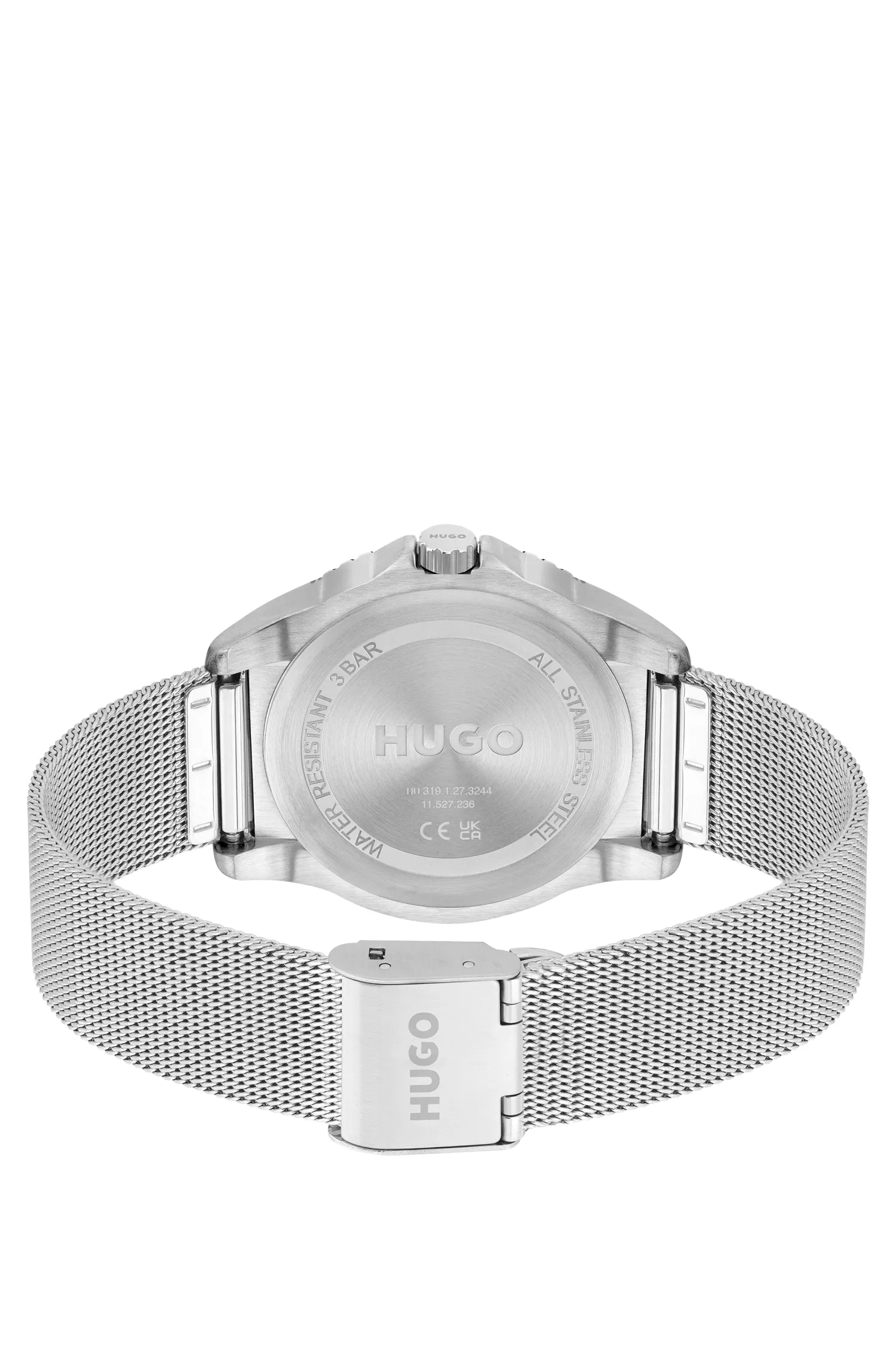 Relógio HUGO com pulseira de malha vermelha em aço prateado com logotipo.