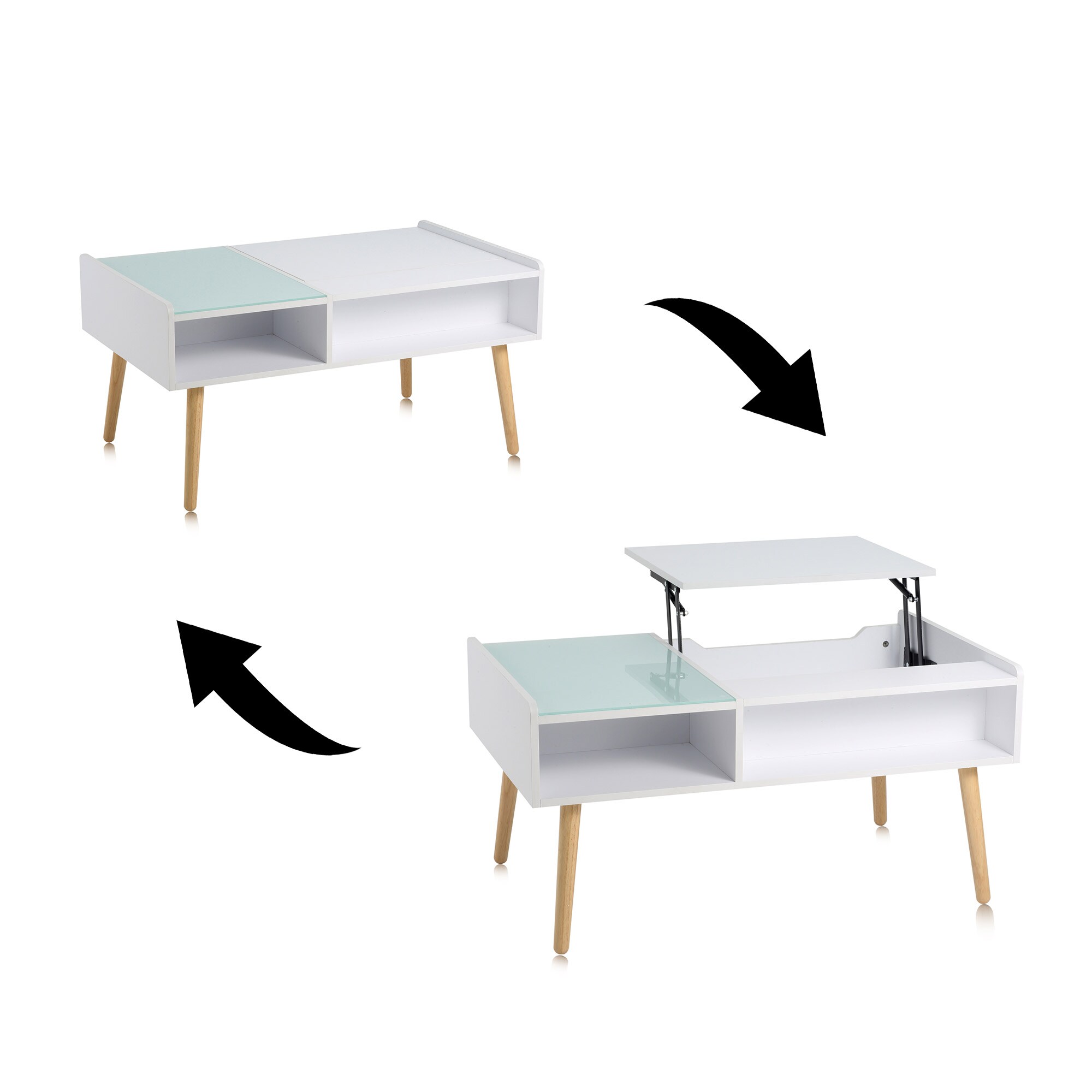 Makika Couchtisch / Wohnzimmertisch mit Glas ausziehbar mit verstecktem Fach in Weiß