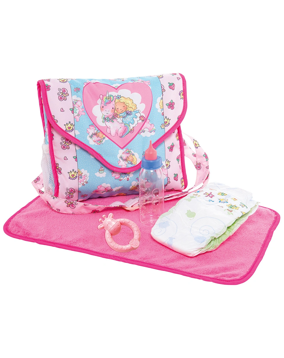 Puppen-Wickeltasche EINHORN EMIL & FEE EMMA mit Zubehör in hellblau/rosa