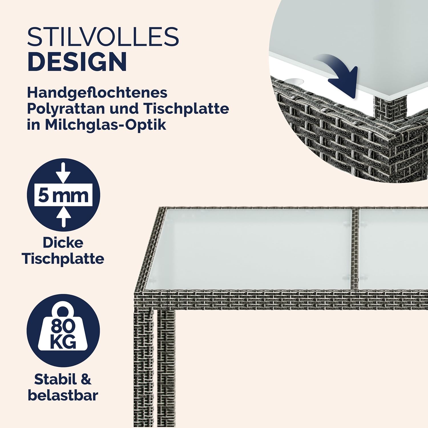 Casaria® Gartenmöbel Polyrattan 8 Stühle Stapelbar 190x90cm Gartentisch Glas Wetterfest Outdoor Modern Terrasse Sitzgruppe Essgruppe Garnitur Set Grau