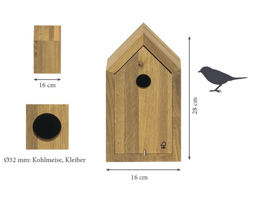 Nestkast met frame, eiken, 16x16x28 cm, natuurlijke afwerking
