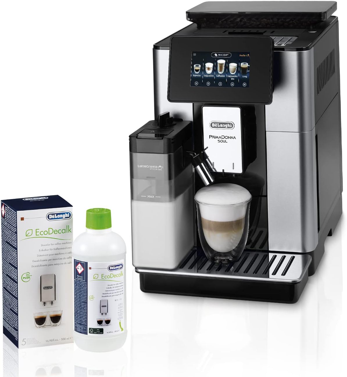 De'Longhi PrimaDonna Soul ECAM 612.55.SB Kaffeevollautomat mit LatteCrema Milchsystem & Bean Adapt Technologie, 18 Rezepte per Knopfdruck, Farbdisplay & App-Steuerung, Silber mit DLSC 500 Entkalker