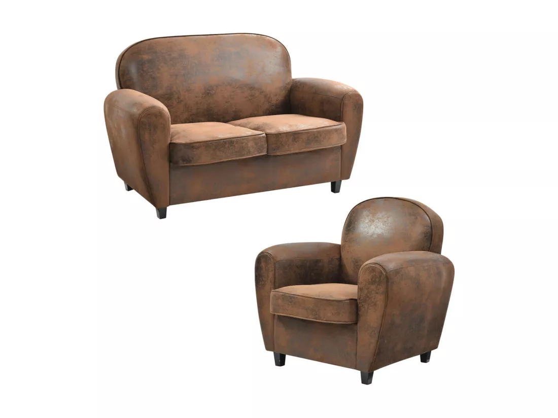 GANSSI - Ensemble Fauteuil + Canapé 2P Marron Aspect Vieilli