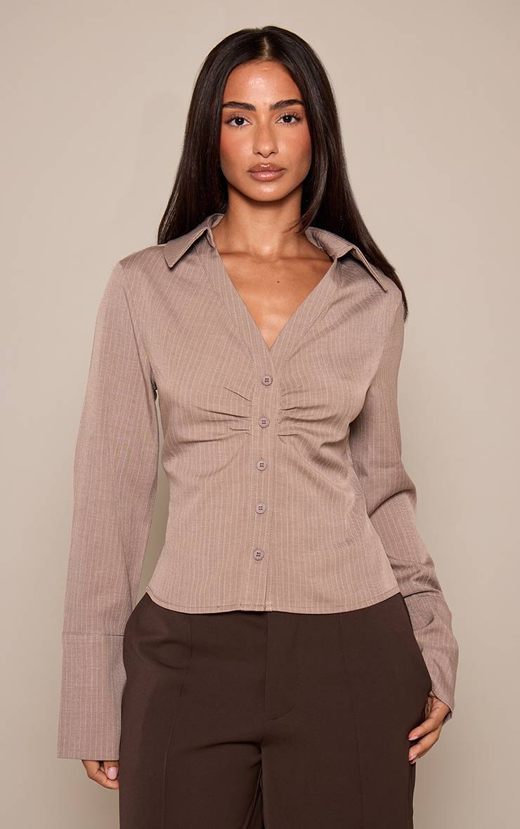 Taupe Chemise Petite À Rayures Fines Avec Fronces Sur Le Buste Et Boutonnage