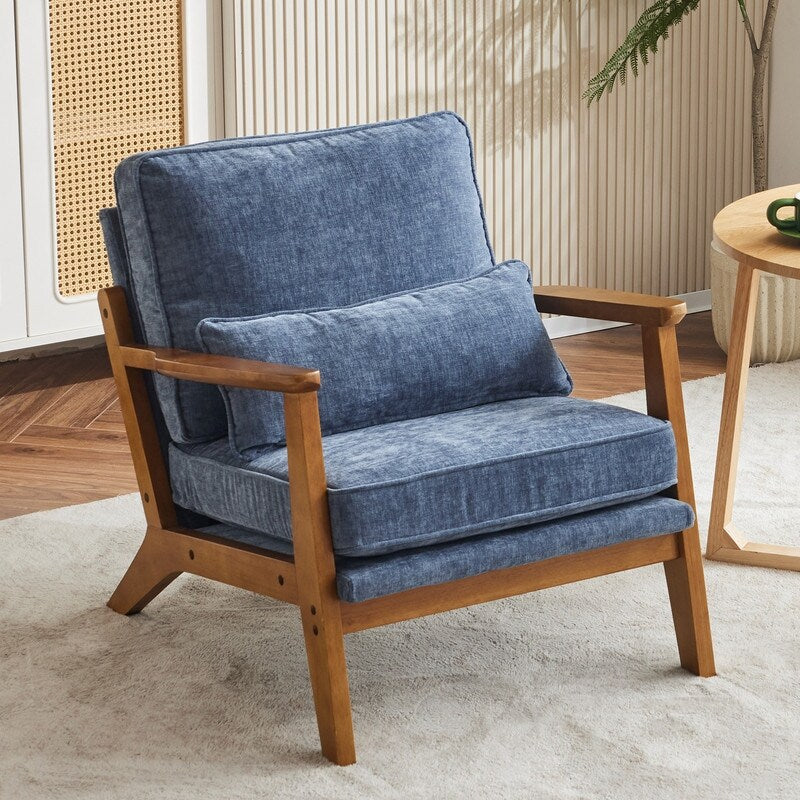 Upholstered Linen Blend Accent Chair with Wooden Legs and One Pillow Beige