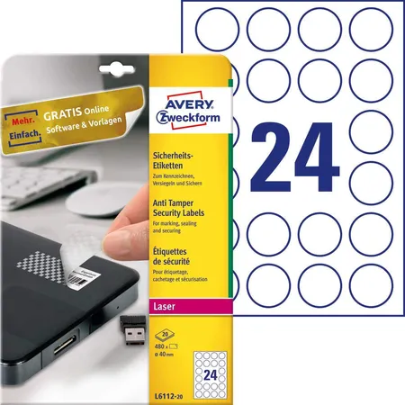Avery Zweckform L6112-20 Sicherheits-Etiketten, Ø 40 mm, 20 Bogen/480 Etiketten, weiß