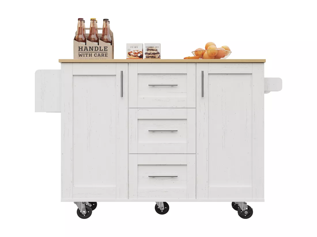 Ilot central de cuisine - chariot à roulette avec plateau extensible - 3 tiroirs et 2 portes - Blanc