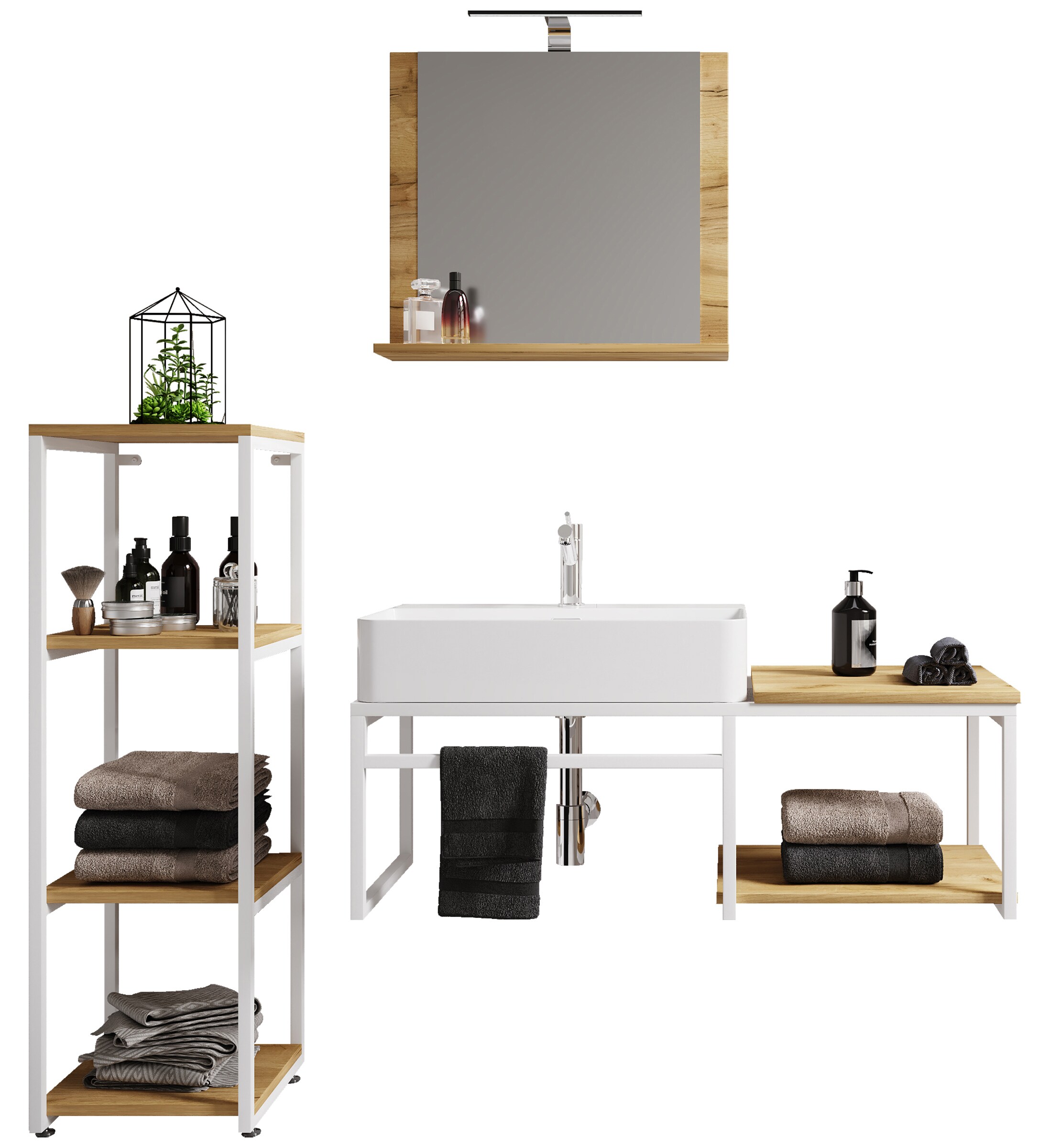 VCM 4-tlg. Waschplatz Waschtisch Badmöbel Set Waschbecken Holz Metall Industrial Style Bitila 100 V2