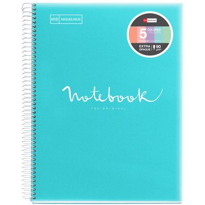Notebook Miquelrius, à couverture souple format A5 à rayures horizontales, 120 feuilles de 5 couleurs, collection Emotions, couleur bleu ciel.