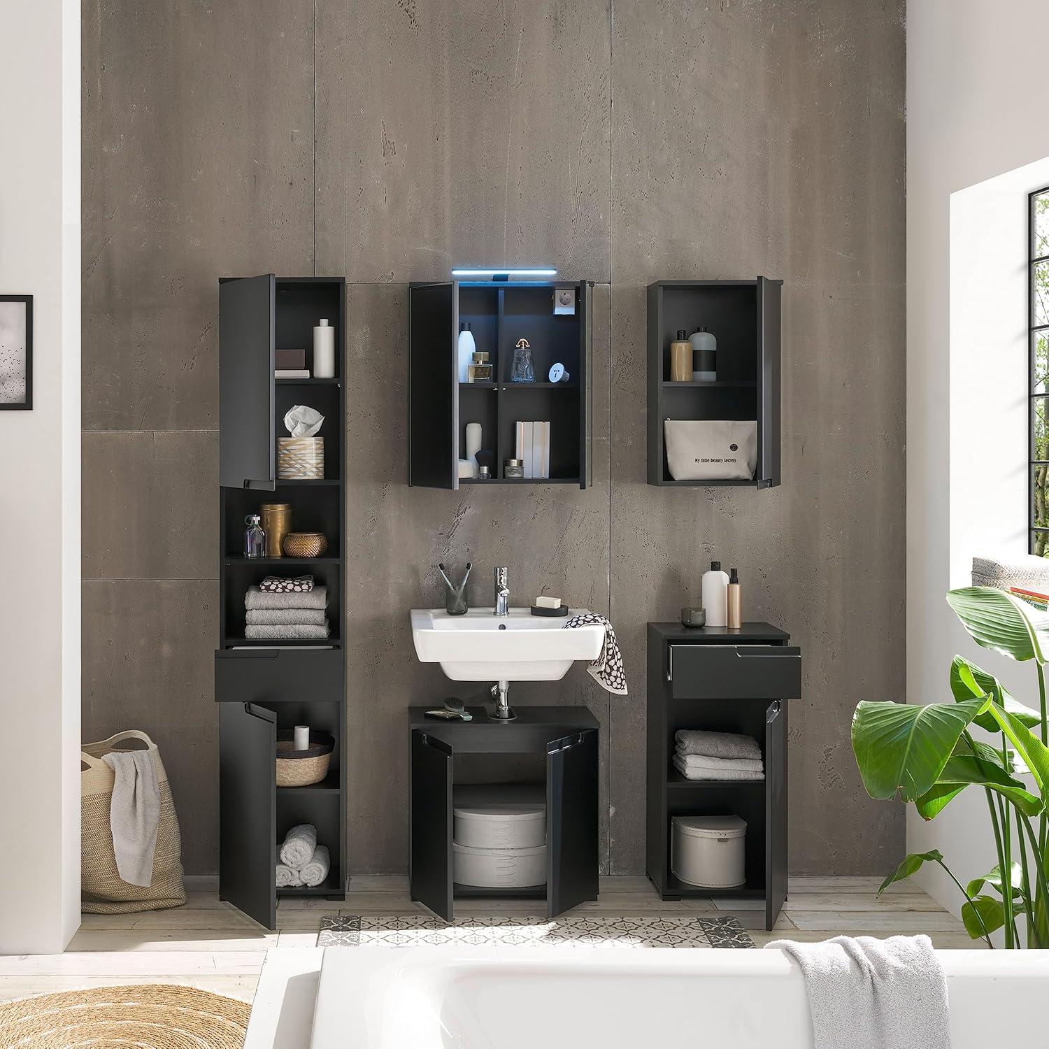 SPICE Badezimmer Kommode mit Schublade in Schwarz matt - Badezimmerschank Bad Schrank mit viel Stauraum - 40 x 85,5 x 32 cm (B/H/T)
