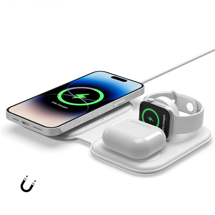 (10W) 3in1 Faltbares Multifunktions Magnet Qi Wireless Ladegerät für Smartphone / Apple Watch / AirPods / Galaxy Buds - Weiss