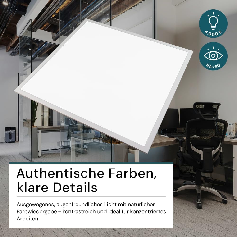 LED Panel, Deckenleuchte, 62x62cm, 3600lm, 4000K, 36W, inkl. Trafo, Rasterleuchten, Einlegeleuchte, Büroleuchten (mit Aufbaurahmen, 6 Stück)