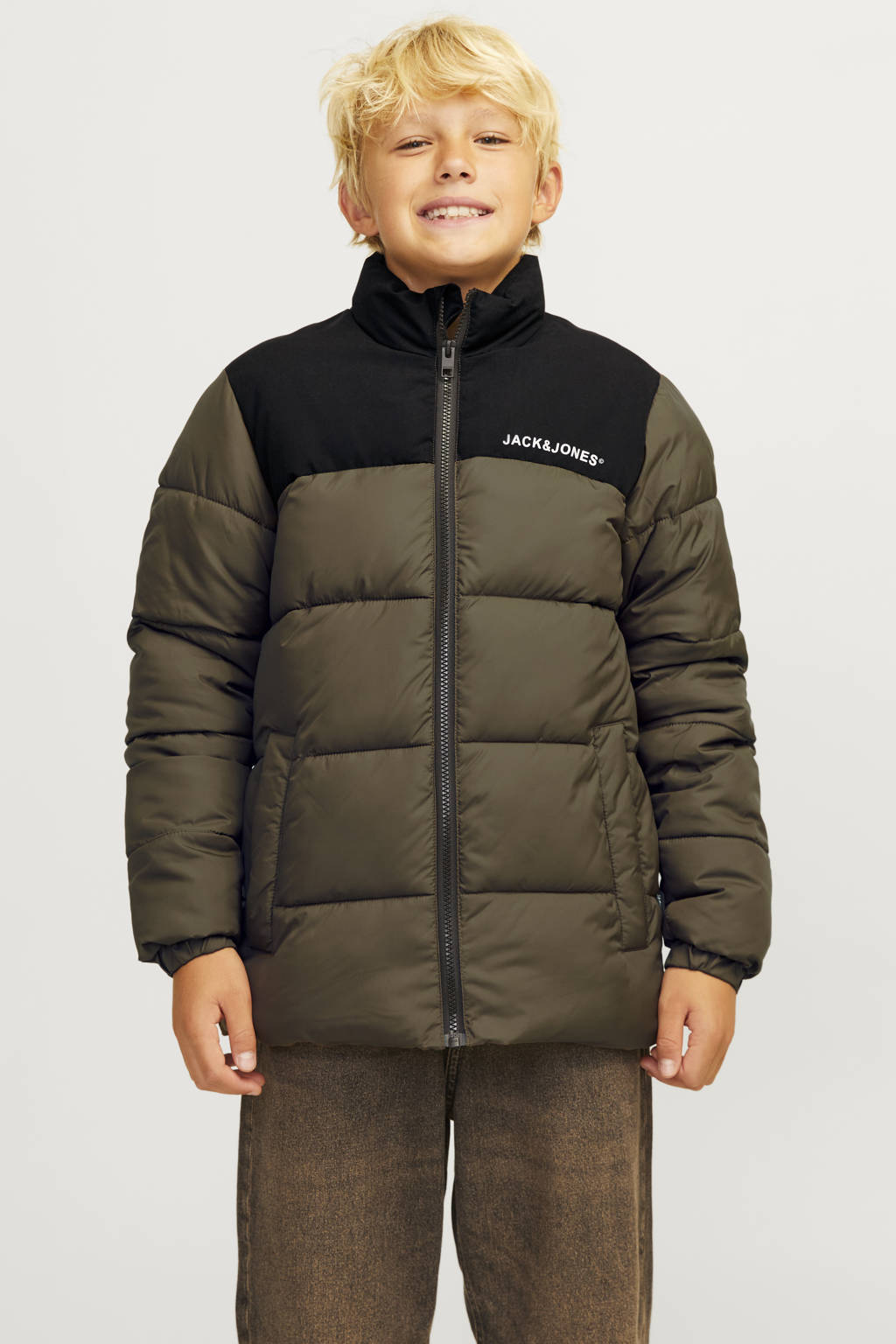 JACK & JONES gewatteerde jas olijfgroen/zwart