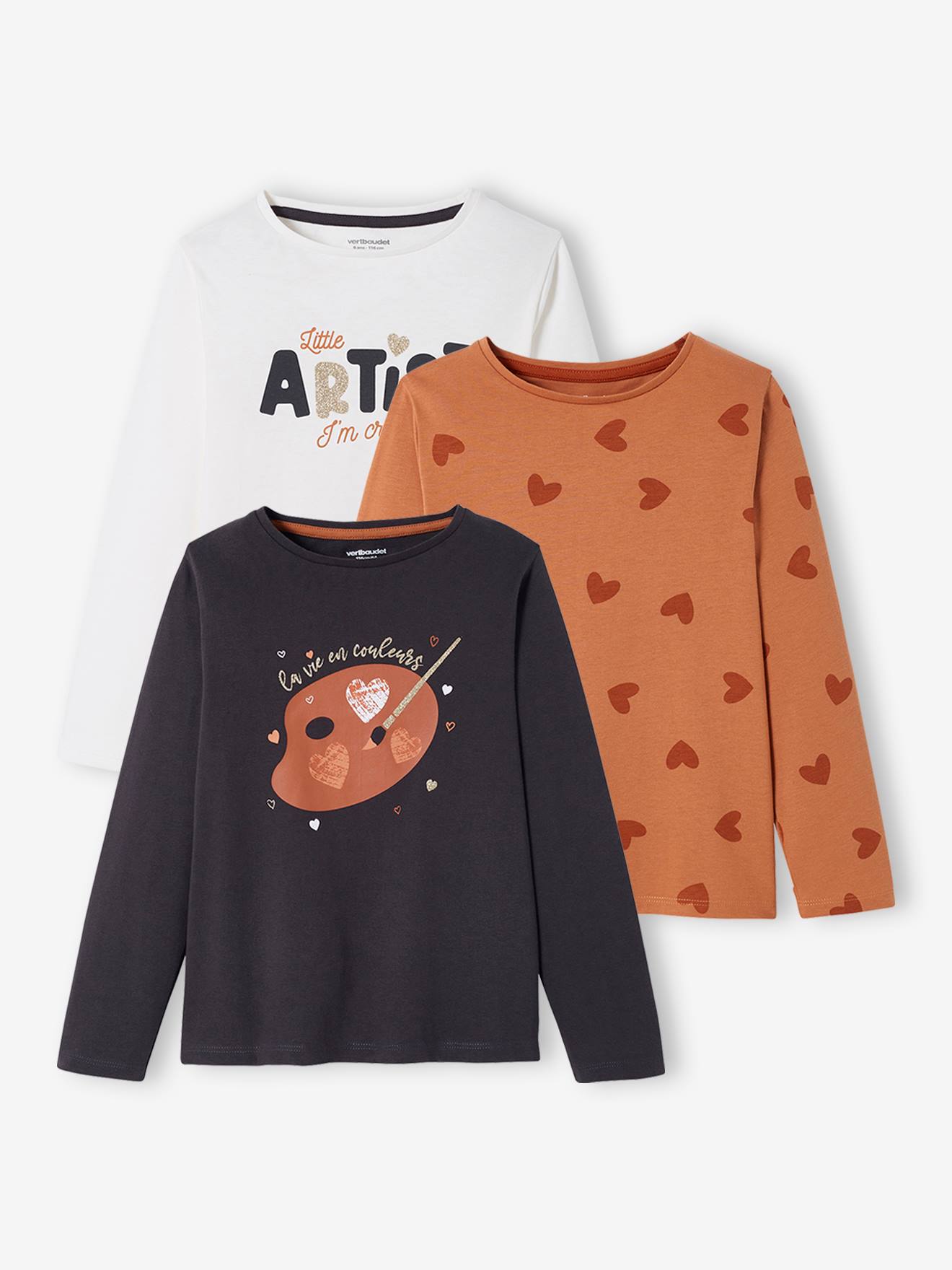 Conjunto de 3 camisetas de manga comprida para meninas, tamanho médio, pretas, bicolor/multicoloridas.