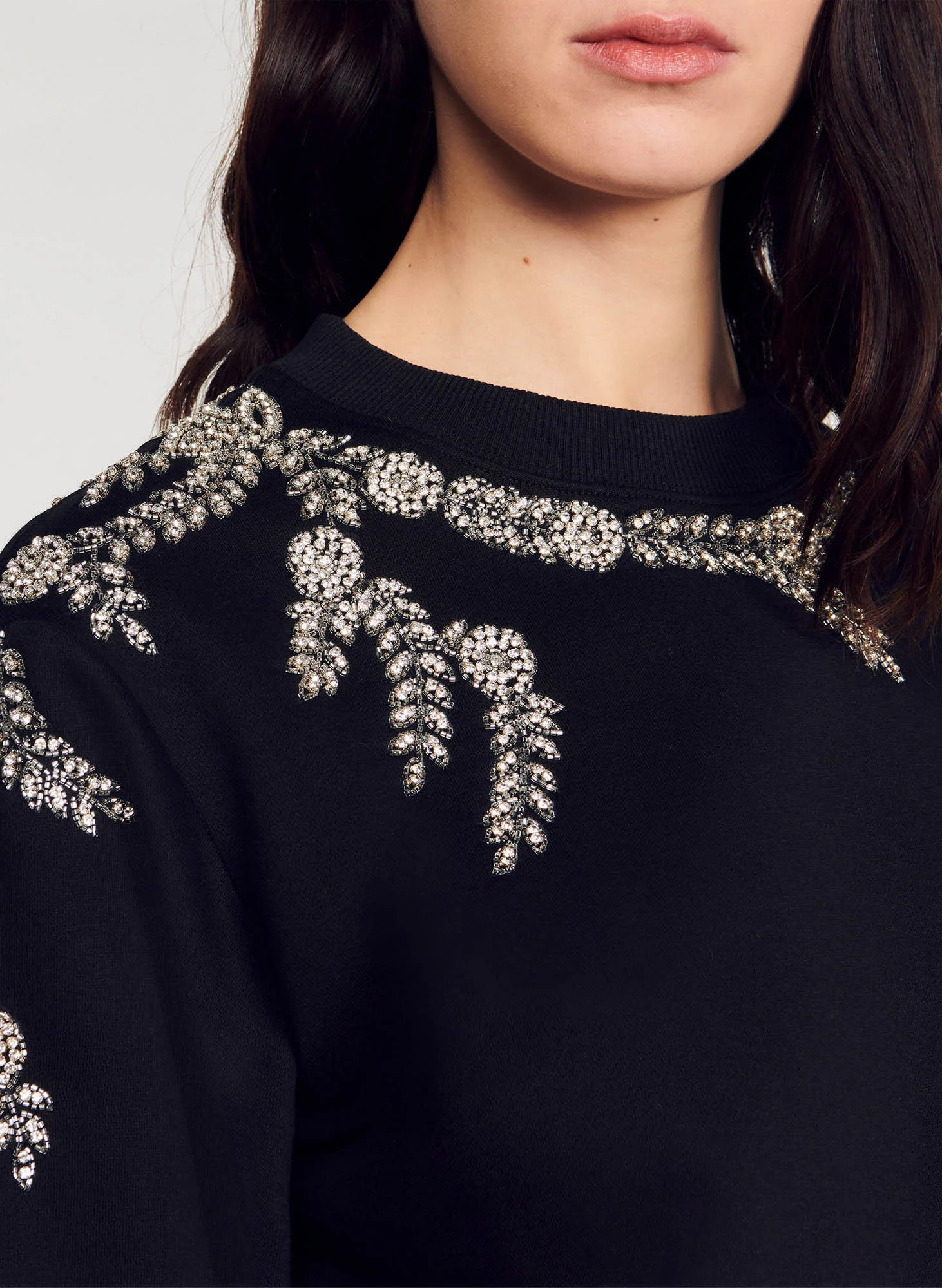 Sweat col rond à strass en coton mélangé| Noir