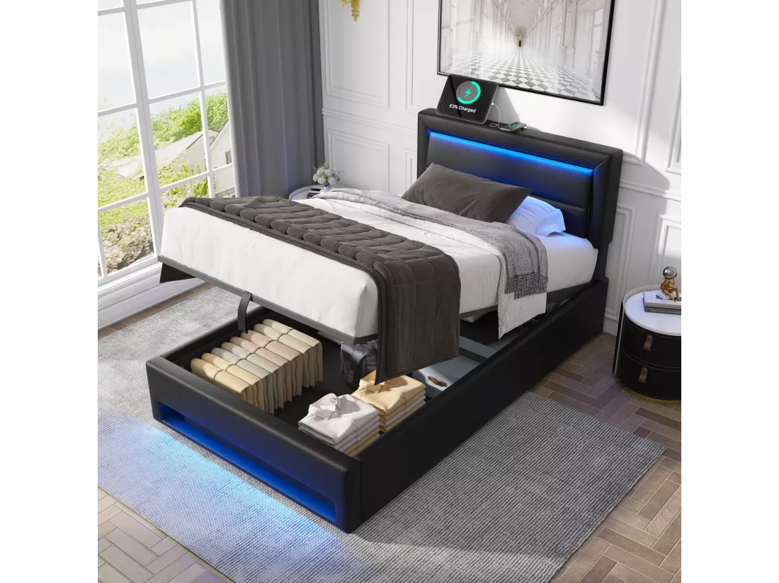Lit coffre 90 x 200 cm avec tête de lit - Prises USB et LEDs - Cuir PU - Sommier à lattes - Noir(sans matelas)