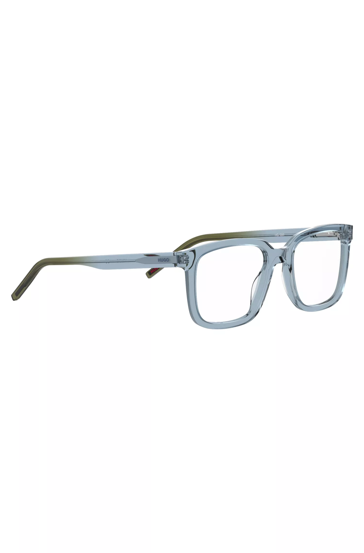 Armação de óculos HUGO em acetato transparente vermelho nas cores azul e verde.