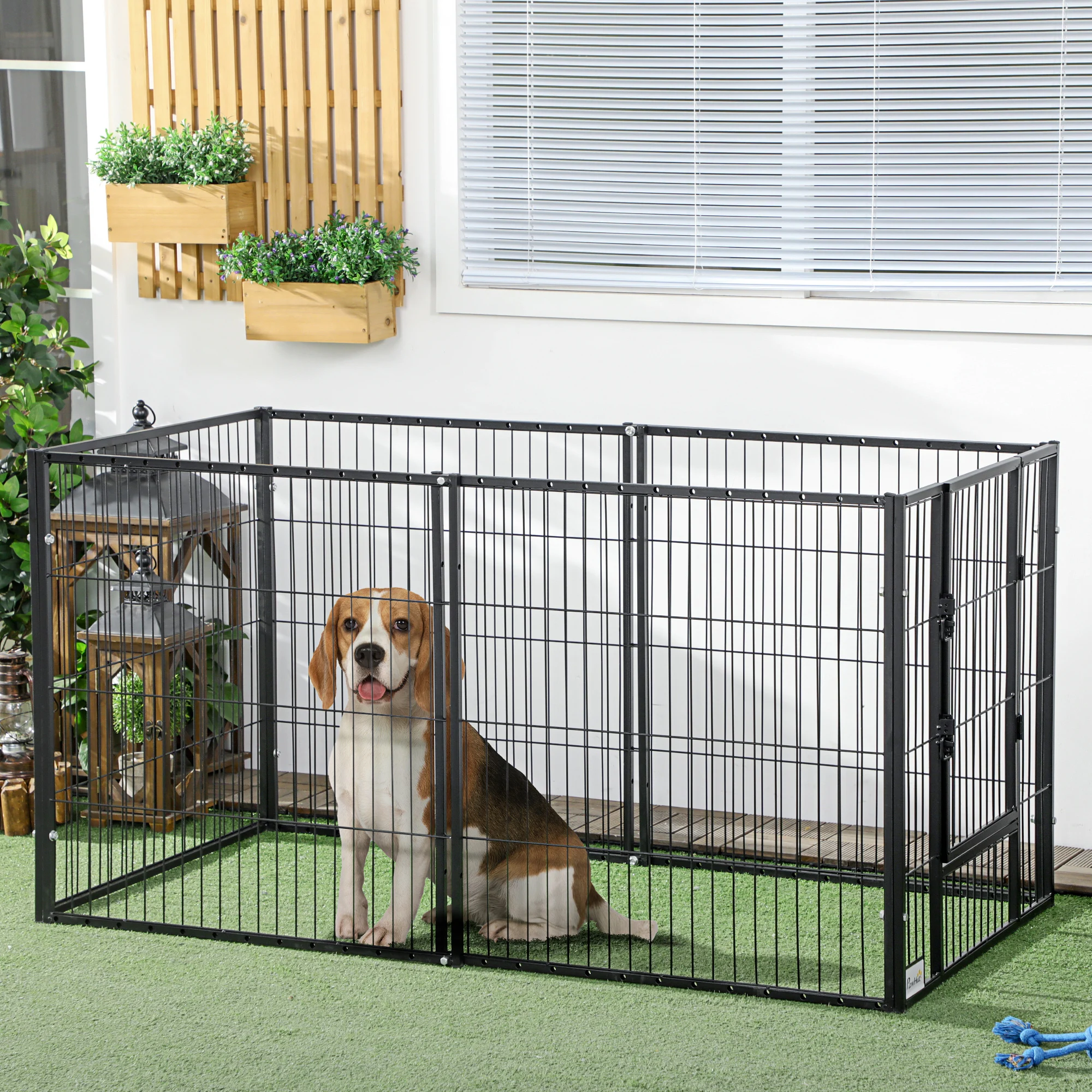 Cercado para cães PawHut com 6 painéis, cerca metálica para animais de estimação com largura ajustável e estrutura de aço, 82,5-150x79x101 cm, preto.