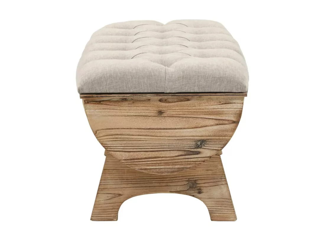 Banc avec rangement en forme de tonneau bois de sapin et tissu crème Vinto