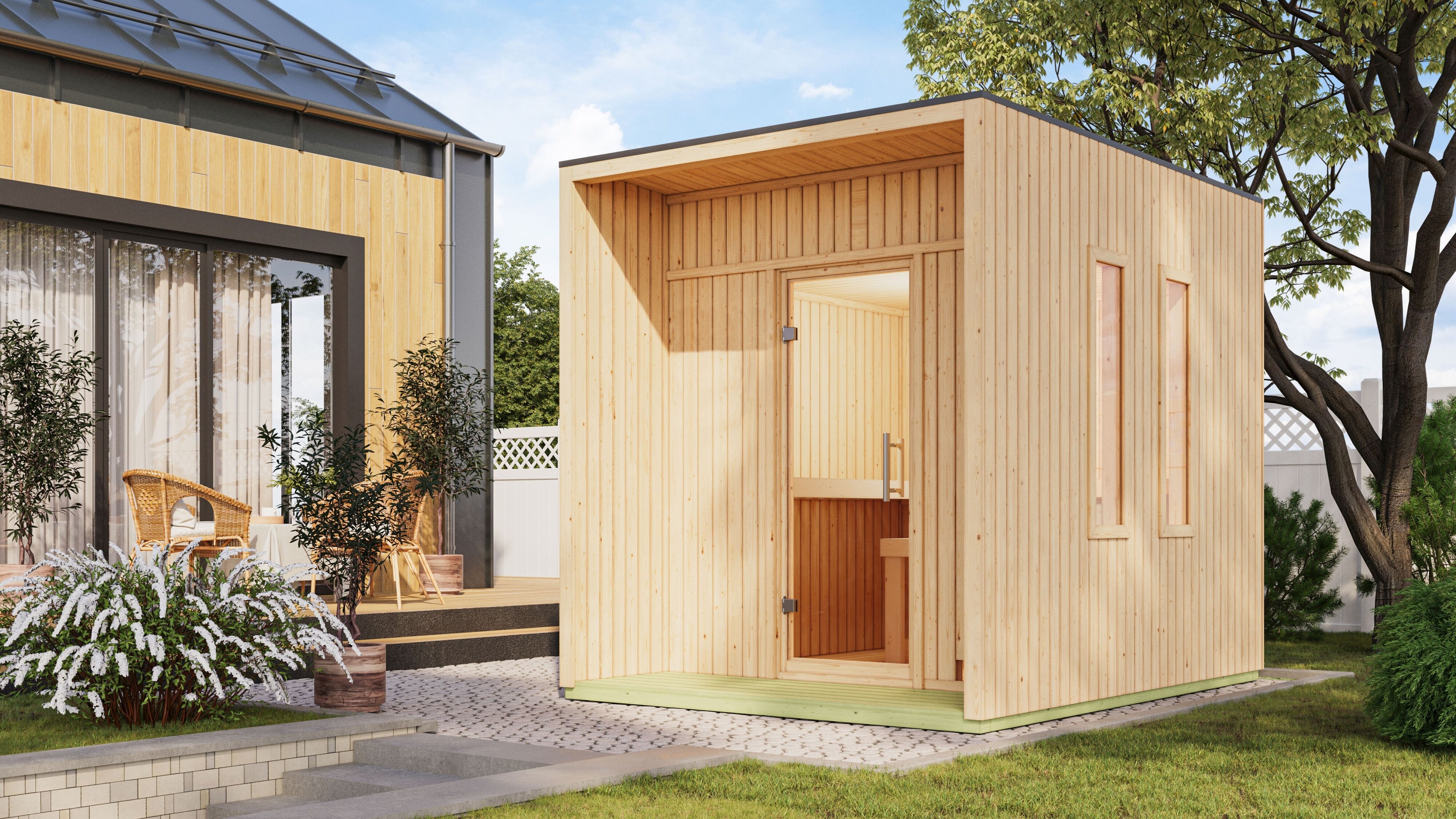 Karibu 73 mm Saunahaus Lejana inkl. Saunaofen mit eingebauter Steuerung 9 kW naturbelassen oder schwarz